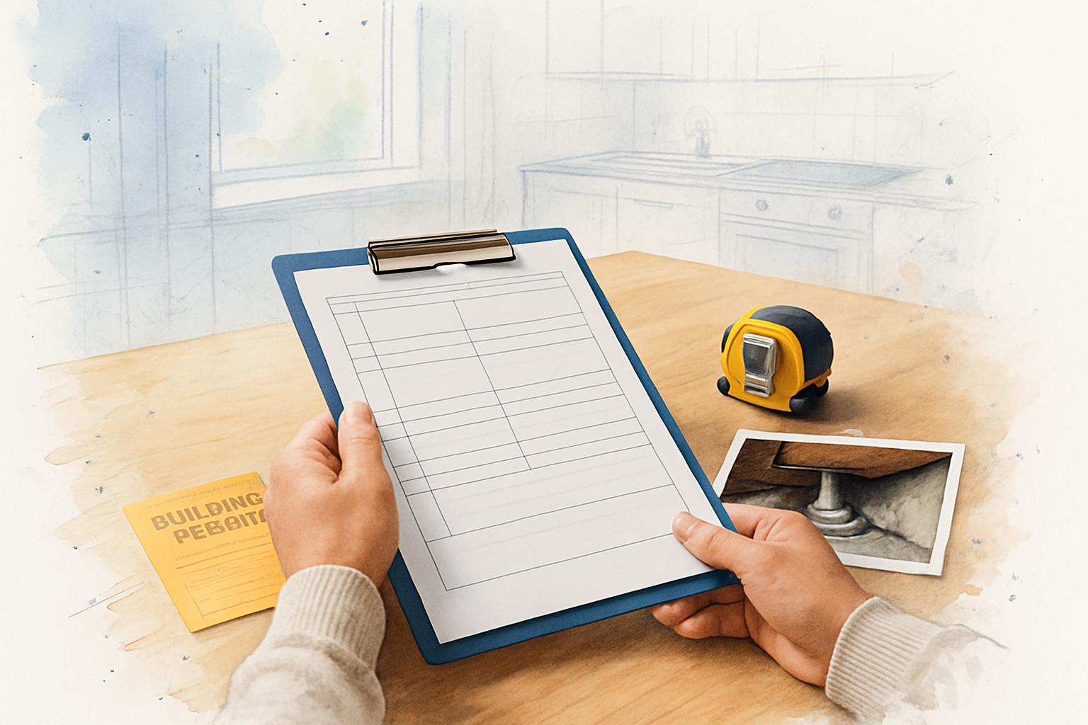 Homeowner reviewing retrofit paperwork and crawl space photos at a kitchen table