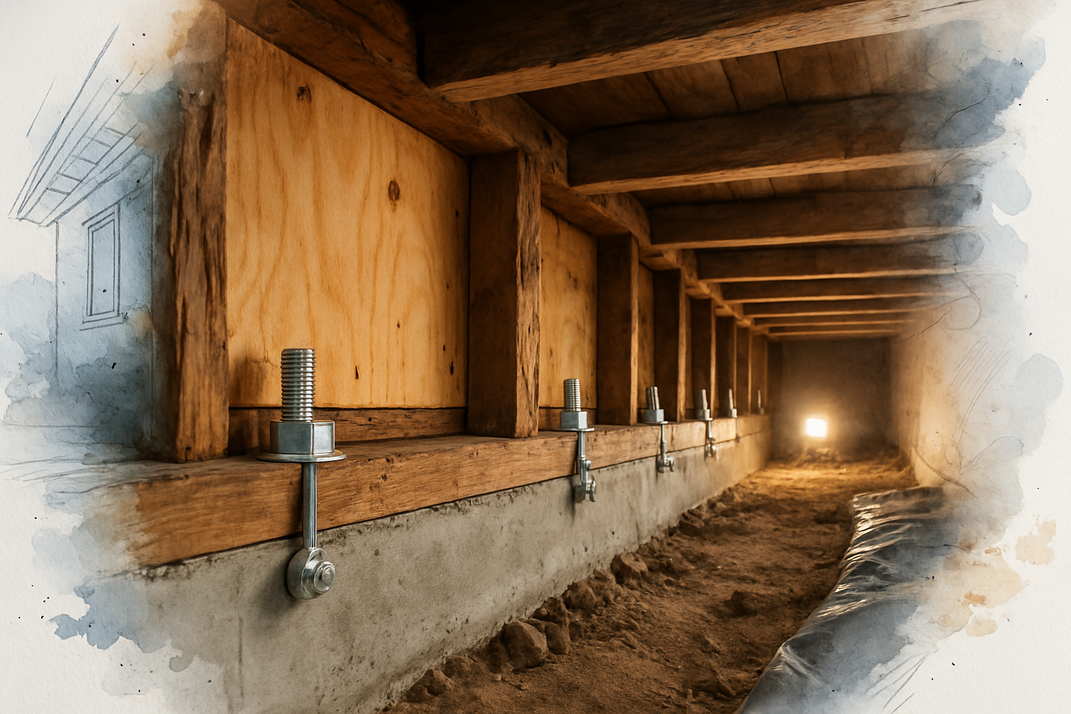 New foundation anchor bolts and plywood in the crawl space of an older Monterey home