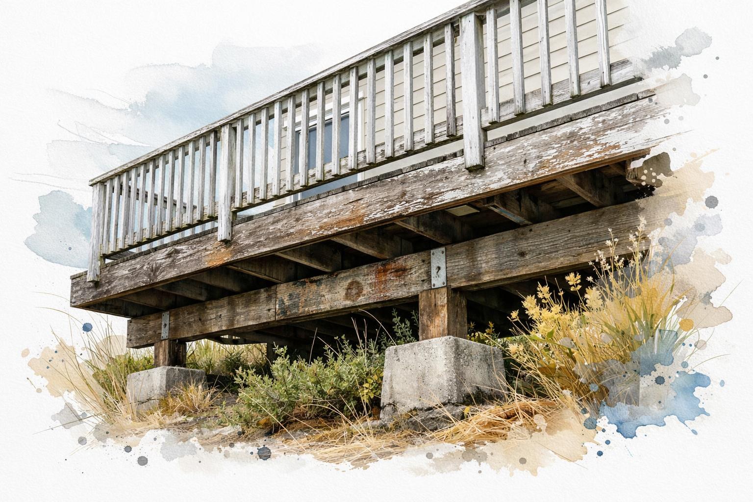 Weathered unpermitted wooden deck attached to a coastal California house showing exposed framing and aging ledger board