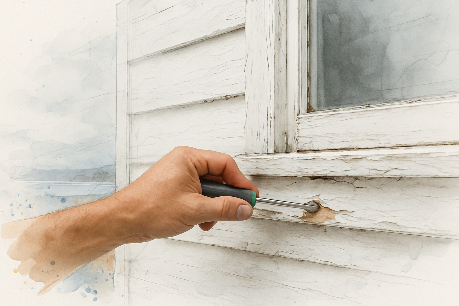 Hand testing a soft, weathered wood window frame on an older coastal home for rot damage