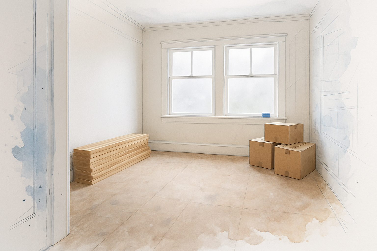 Empty older Monterey home after closing with bare subfloor, stacked flooring planks and moving boxes