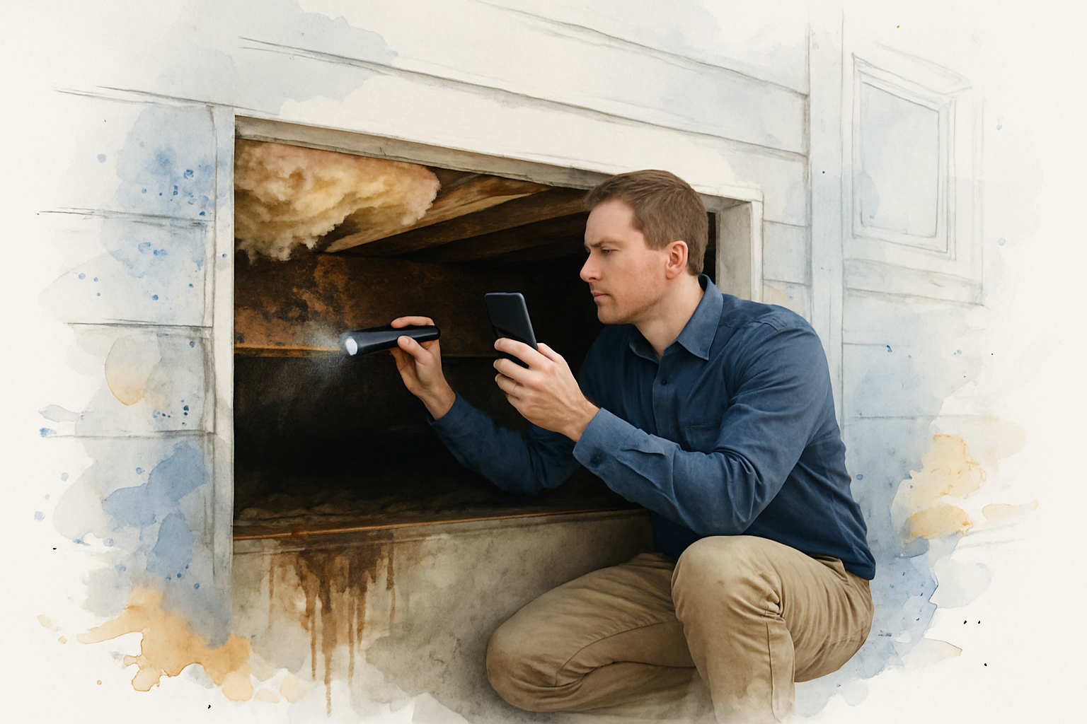 Contractor photographing water damaged framing in a crawl space before covering the area back up