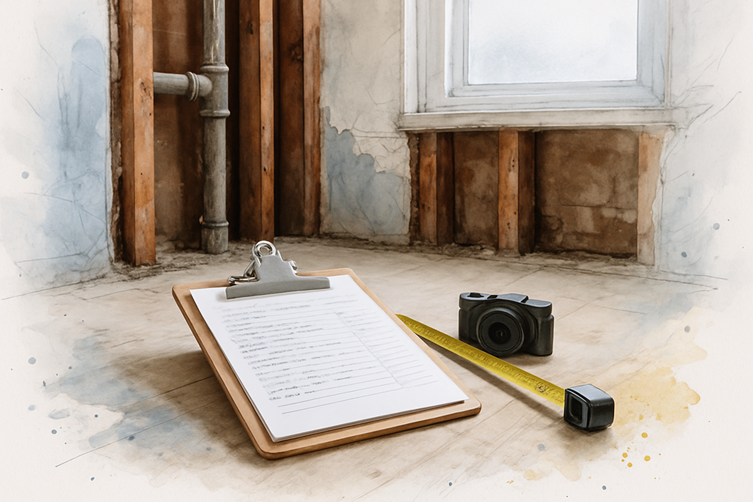 Clipboard, tape measure and camera on the floor of a stripped bathroom during an insurance repair estimate