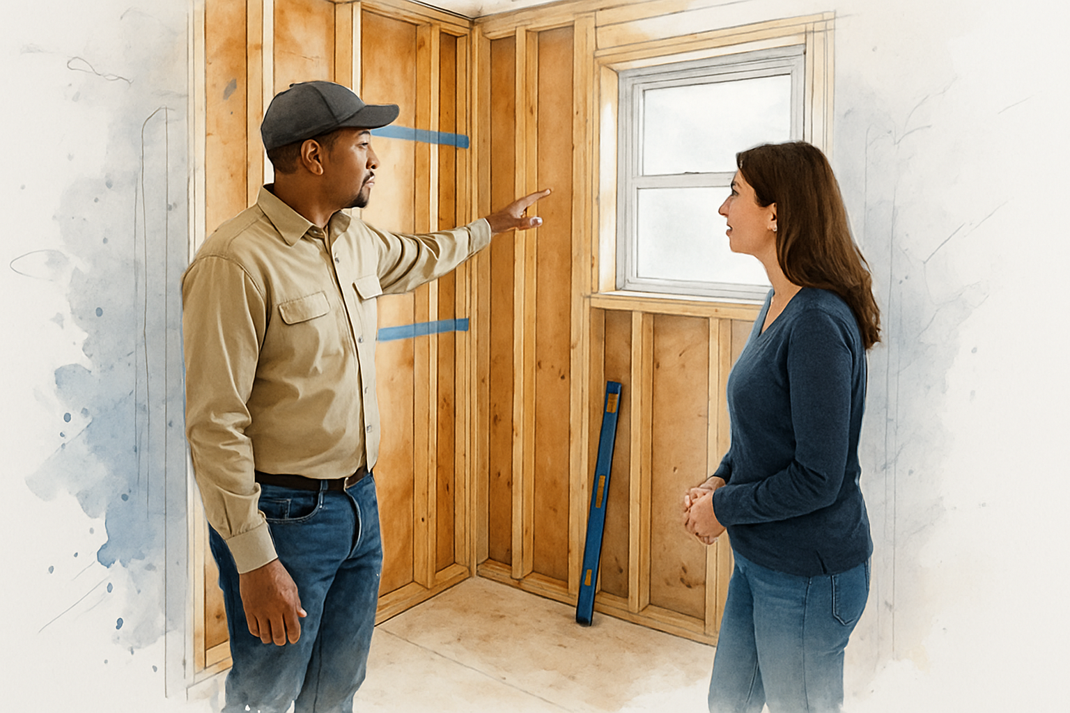 Contractor and homeowner reviewing framing inside a gutted bathroom during a Monterey County remodel
