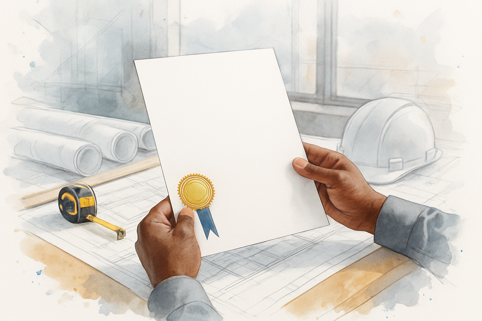 Hands holding a certificate with an embossed seal over rolled building plans and a hard hat on a work table