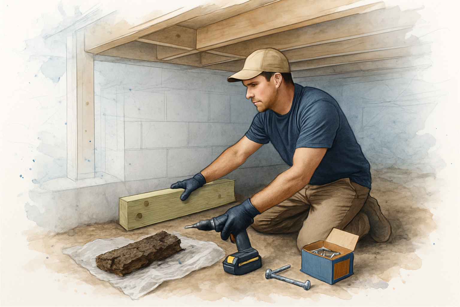 Carpenter replacing a rotted sill plate section on a concrete stem wall in a crawl space