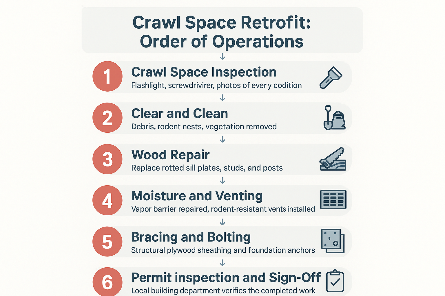 Infographic showing the six-step order of operations for a crawl space