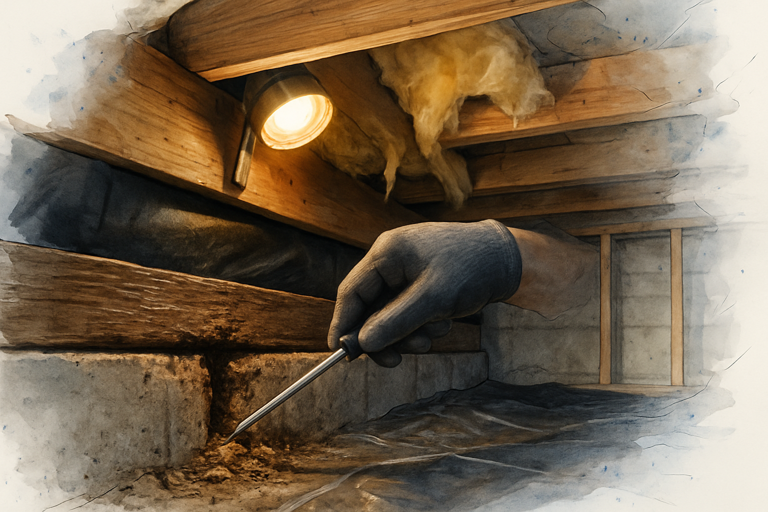 Gloved hand testing a soft, rotted sill plate in a crawl space before in Monterey County