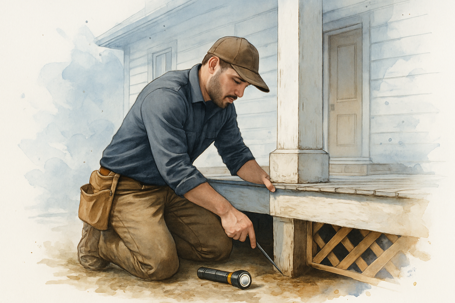 Carpenter probing the base of a porch post with an awl to check for rot on an older home