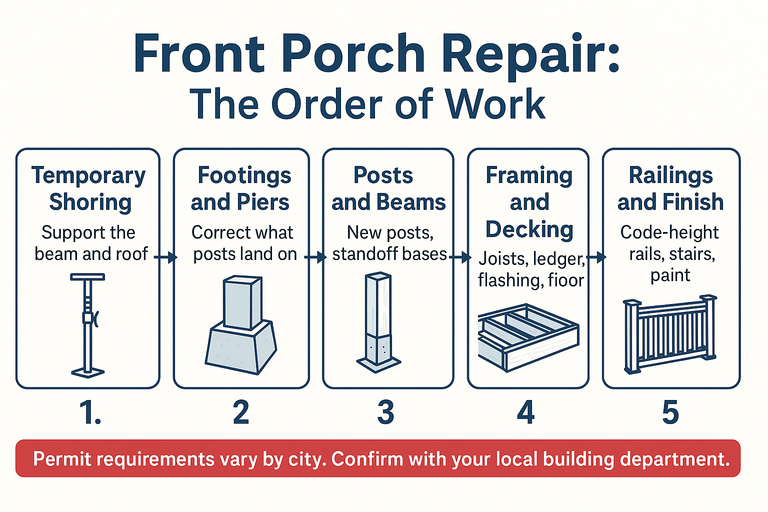 Infographic showing the five step order of front porch repair from shoring through railings and finish