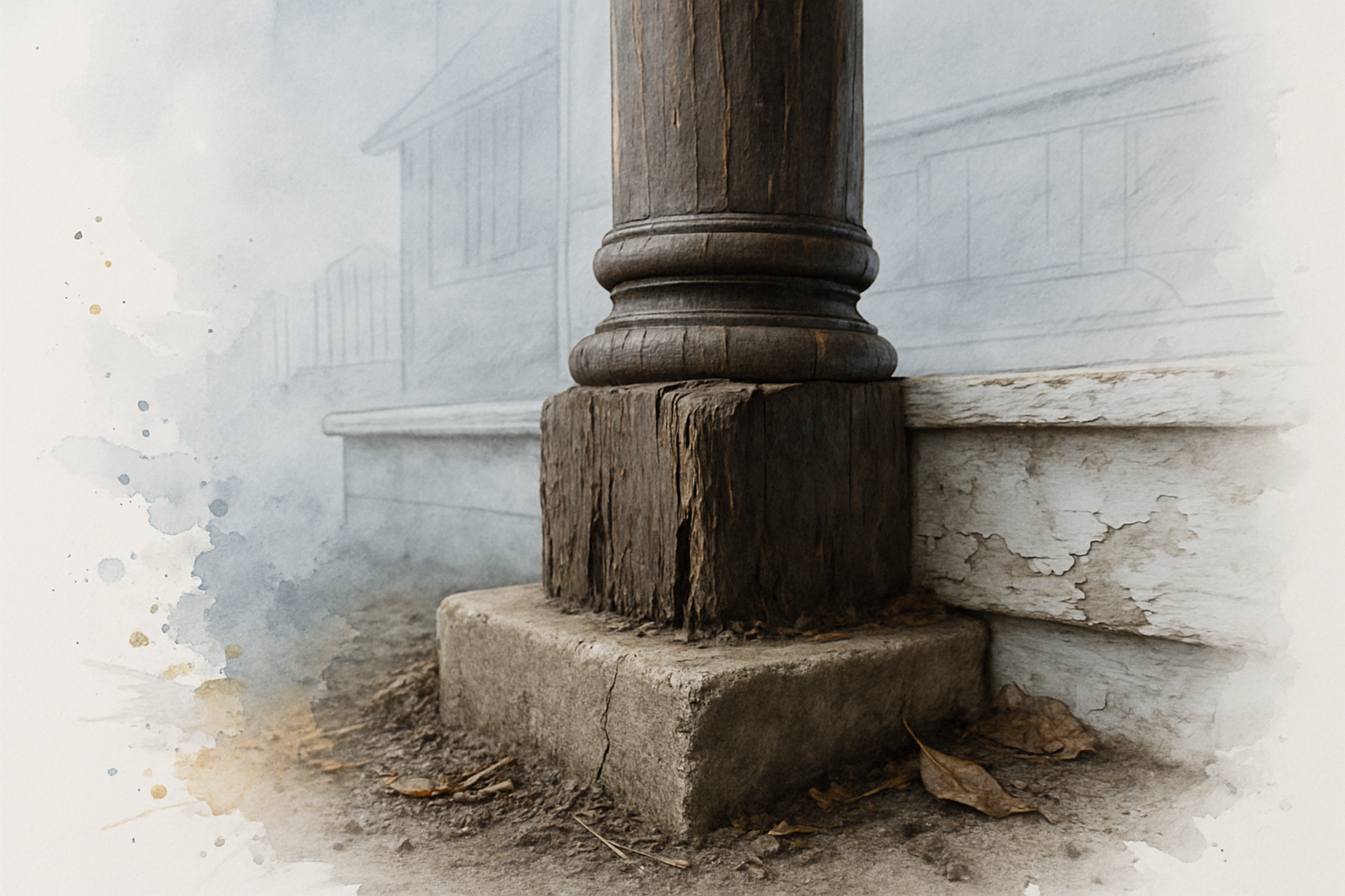 Rotted base of a wooden porch column resting on a cracked pier on an older Monterey Peninsula home